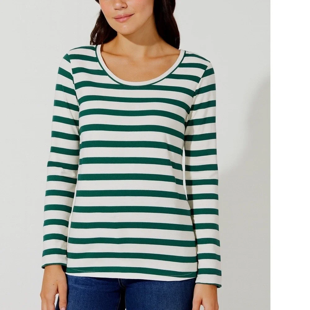 Ann Taylor LOFT Womens Green White Striped Scoop‎ Neck Long Sleeve Top Size M